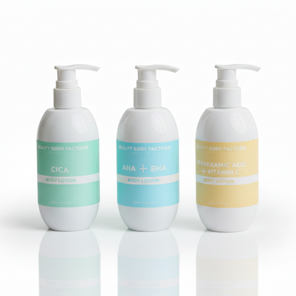 The Beauty Body Factorie Korean Body Lotion Bundle; a complete 3-step clinical body care system featuring AHA+BHA for smoothing, Cica for barrier repair, and Tranexamic Acid for brightening.