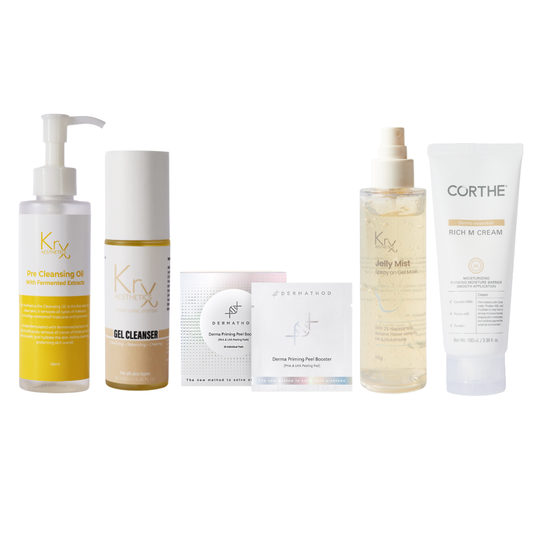 Glass Skin Bundle complete five-step Korean glass skin routine with KrX Cleansing Oil Glow Gel Cleanser Dermathod Priming Peel Booster Pads Corthe Rich M Cream and KrX Jelly Mist for barrier repair luminosity and dewy finish