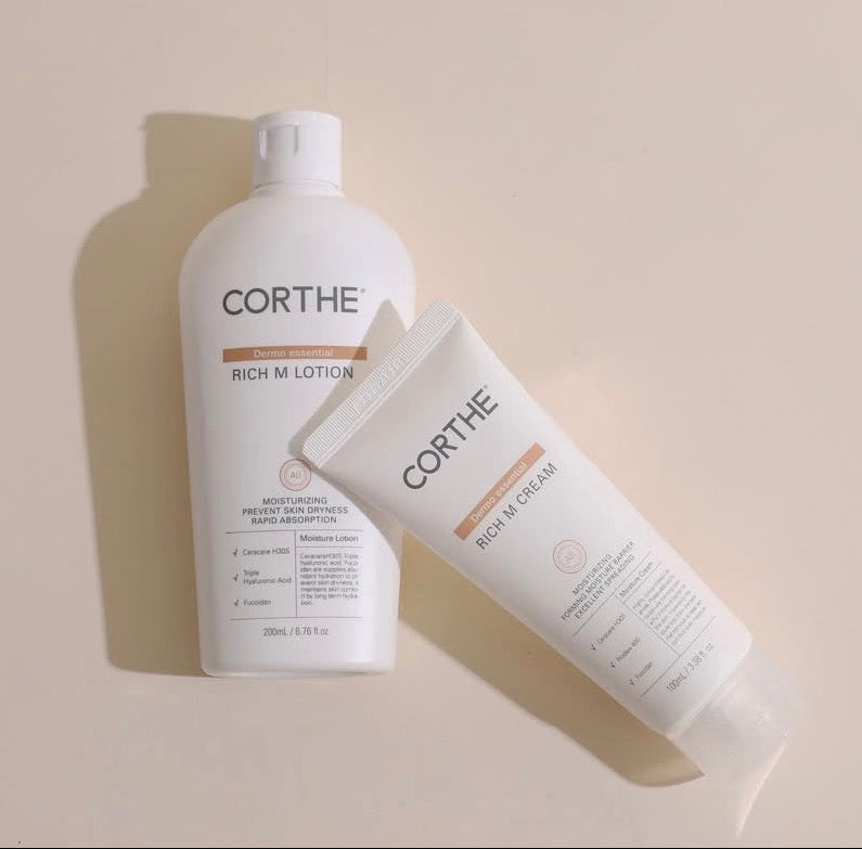 Corthe Dermo Essential Rich M Cream and Lotion duo, a versatile clinical Korean skincare bundle for customizable skin barrier repair.