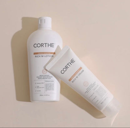 Corthe Dermo Essential Rich M Cream and Lotion duo, a versatile clinical Korean skincare bundle for customizable skin barrier repair.
