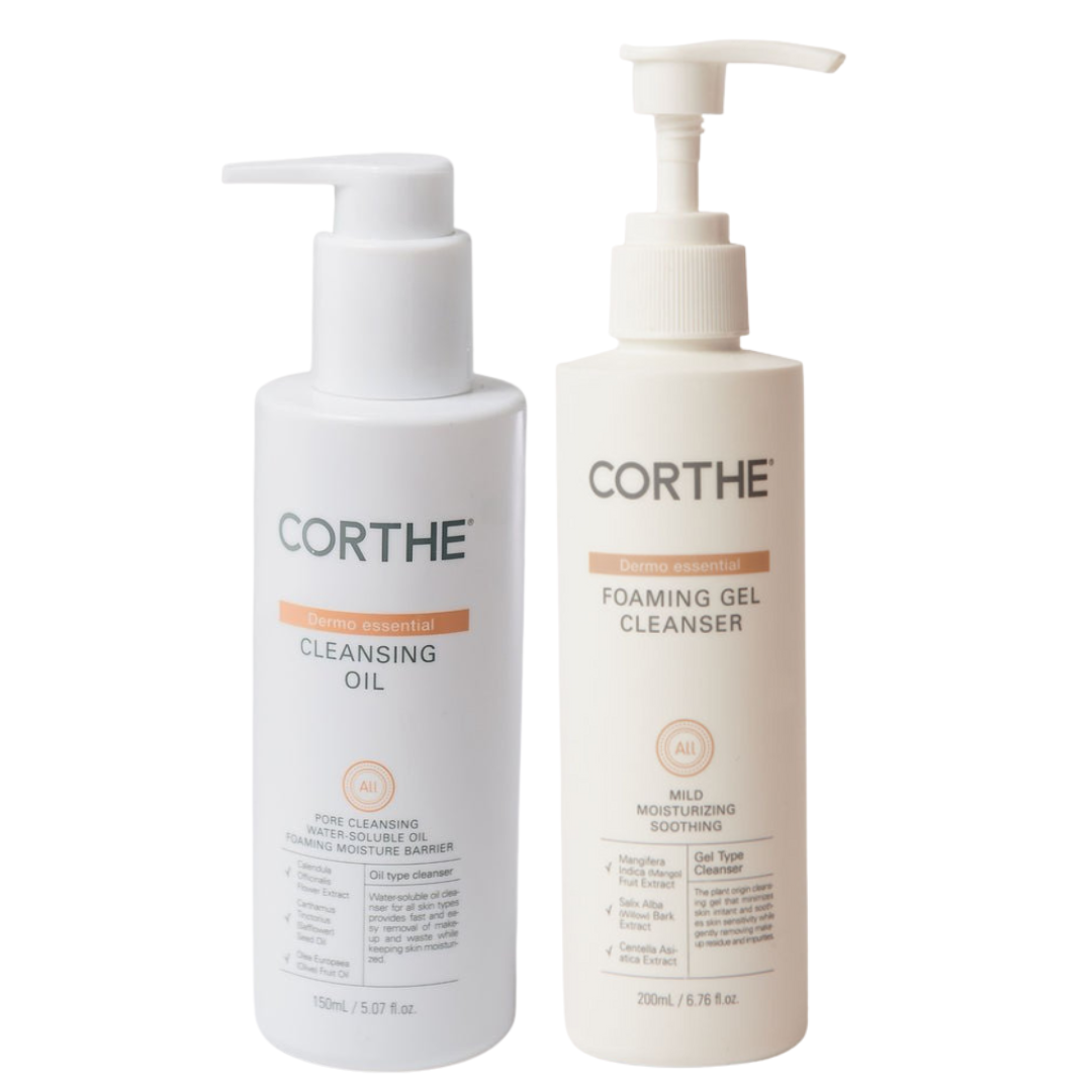 The Corthe Sensitive Skin Double Cleanse Duo: a sophisticated, clinical-grade Korean skincare ritual designed to effortlessly melt away impurities while restoring barrier health and calming reactive, post-treatment skin.