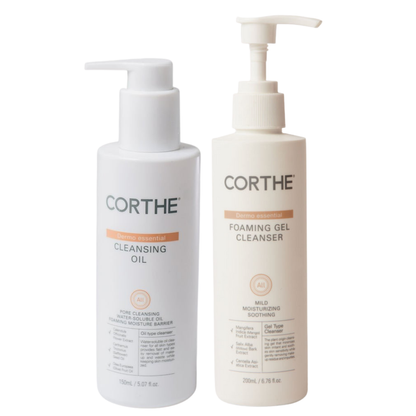 The Corthe Sensitive Skin Double Cleanse Duo: a sophisticated, clinical-grade Korean skincare ritual designed to effortlessly melt away impurities while restoring barrier health and calming reactive, post-treatment skin.