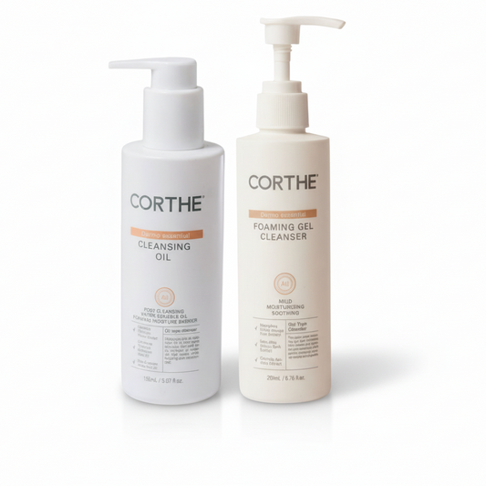 The Corthe Sensitive Skin Double Cleanse Duo: a sophisticated, clinical-grade Korean skincare ritual designed to effortlessly melt away impurities while restoring barrier health and calming reactive, post-treatment skin.