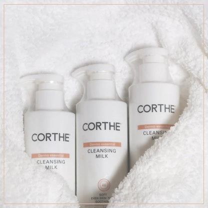 A complete 5-step Korean Skin Barrier Repair Kit featuring professional-grade Corthe Cleansing Milk, Soothing Toner Pads, Cica Ampoule, Rich M Cream, and Pfect-A SPF 50 for sensitive and post-procedure skin recovery.