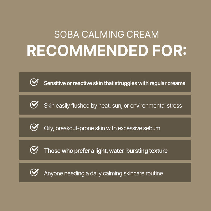 Korean Dermathod Soba Calm Cream lowers skin temperature to reduce inflammation and heat-induced sebum.