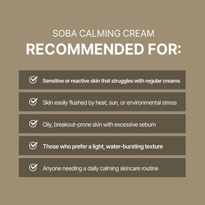Korean Dermathod Soba Calm Cream lowers skin temperature to reduce inflammation and heat-induced sebum.