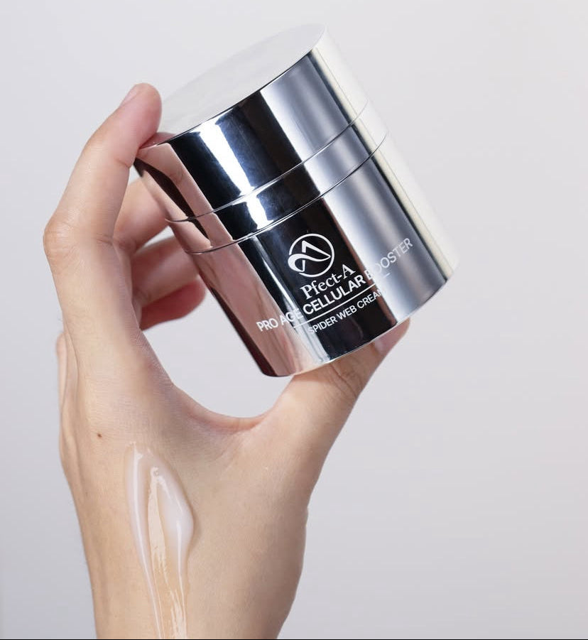 Pfect-A Pro Age Booster, an innovative K-beauty lifting cream infused with spider silk proteins to improve skin elasticity and tensile strength.