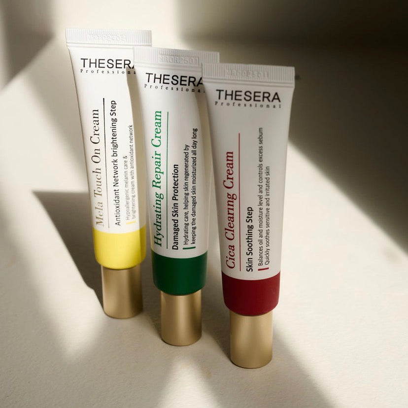 A clinical lineup of Thesera acne solutions featuring the Cica Clearing Cream for professional-grade blemish control at home.