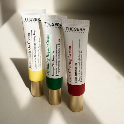 A clinical lineup of Thesera acne solutions featuring the Cica Clearing Cream for professional-grade blemish control at home.