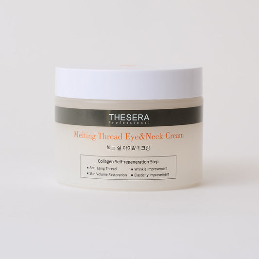 Thesera Melting Thread Eye and Neck Cream packaging highlighting marine collagen and chitosan ingredients.