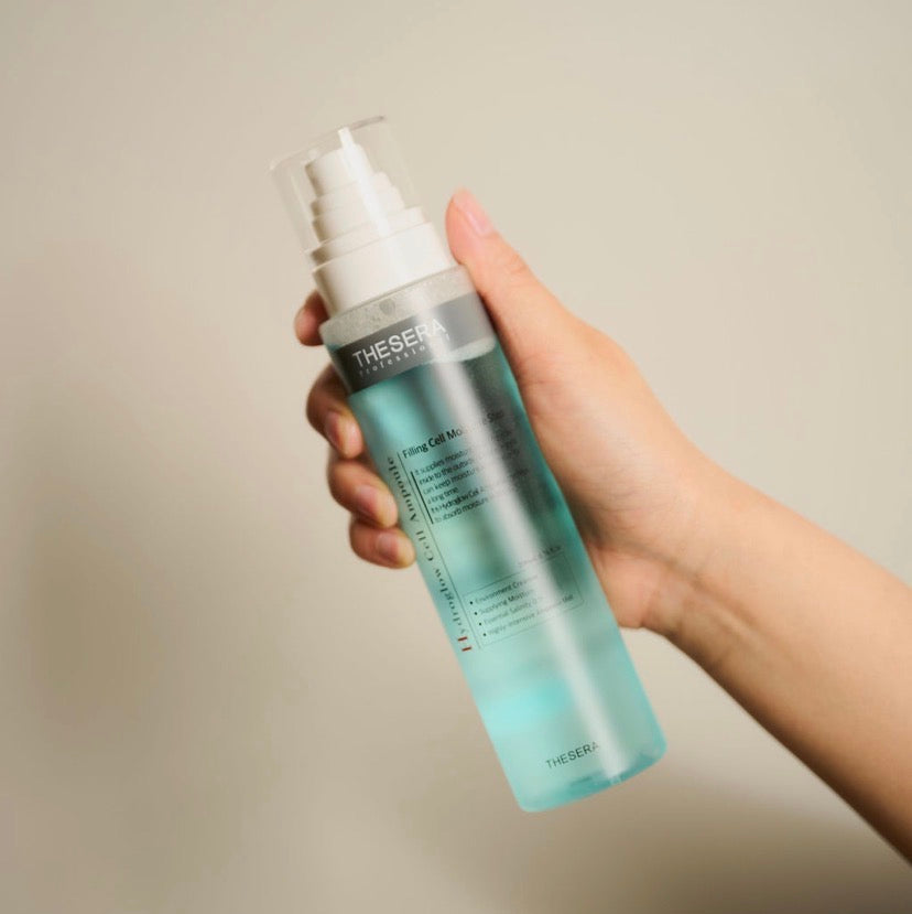 Thesera Hydroglow Cell Korean Ampoule Mist specifically formulated to travel through the skin’s water channels (Aquaporins) for hydration that lasts hours, not minutes.