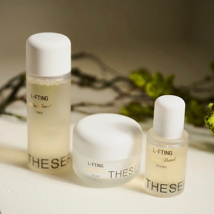 A professional-grade Korean skincare set of Thesera L-FTING products, designed to repair collagen structure and block skin glycation through a clinical three-step melting thread protocol.