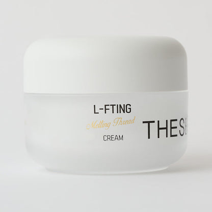 Thesera L-FTING Melting Thread Cream, a professional Korean anti-glycation and needle-free lifting moisturizer in a minimalist white clinical dispenser.