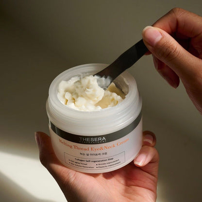 The rich, fibrous texture of Thesera L-FTING Melting Thread Cream, the final step in the anti-glycation system that seals in lifting actives and restores skin elasticity overnight.