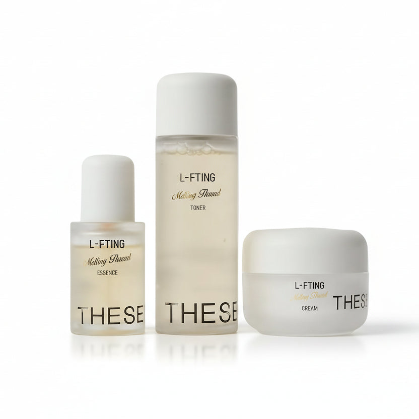 The complete Thesera L-FTING Melting Thread System Bundle featuring the 100ml Toner, 30ml Essence, and 50ml Cream for a 24/7 non-invasive lifting and anti-glycation home care routine.