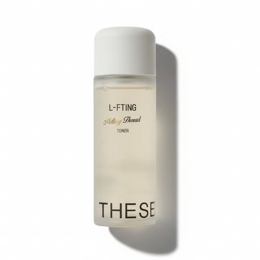 Thesera L-FTING Melting Thread Toner in a 100ml clinical white bottle, a professional Korean anti-glycation treatment for structural skin lifting and firming.