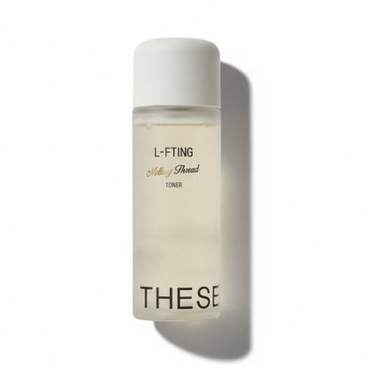 Thesera L-FTING Melting Thread Toner in a 100ml clinical white bottle, a professional Korean anti-glycation treatment for structural skin lifting and firming.