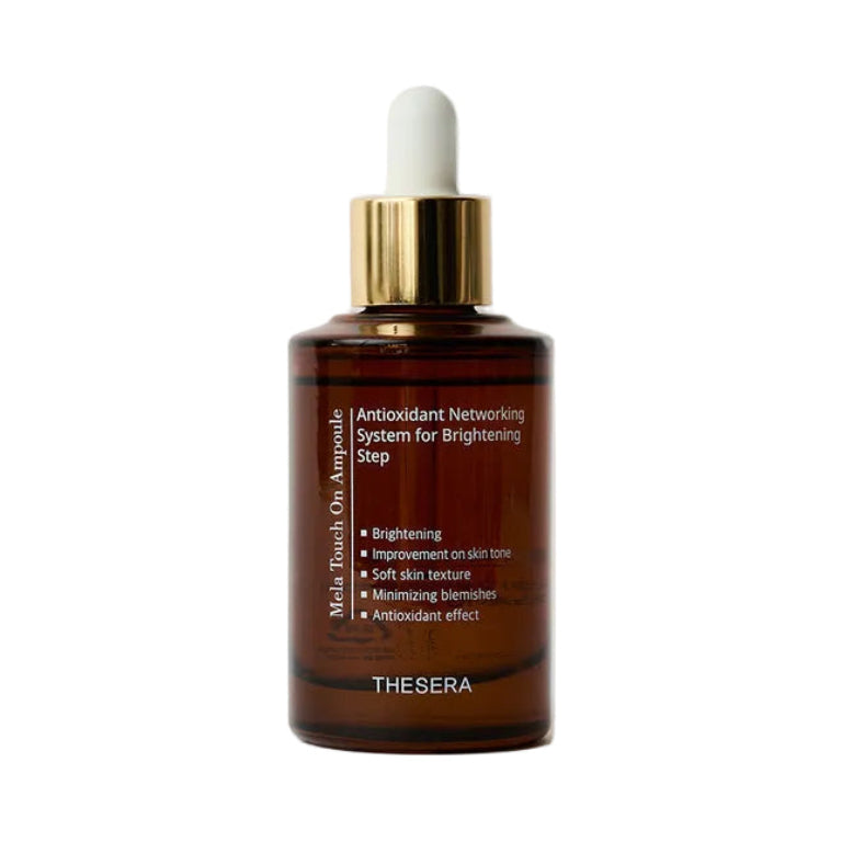 Thesera Mela Touch On Ampoule, a premium Korean dark spot corrector and brightening serum in an amber glass dropper bottle.
