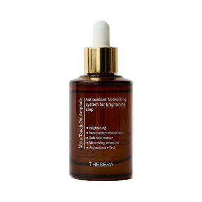 Thesera Mela Touch On Ampoule, a premium Korean dark spot corrector and brightening serum in an amber glass dropper bottle.