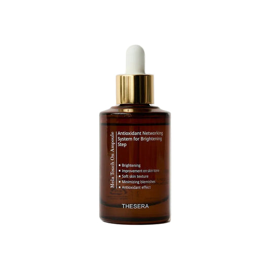 Thesera Mela Touch On Ampoule, a premium Korean dark spot corrector and brightening serum in an amber glass dropper bottle.