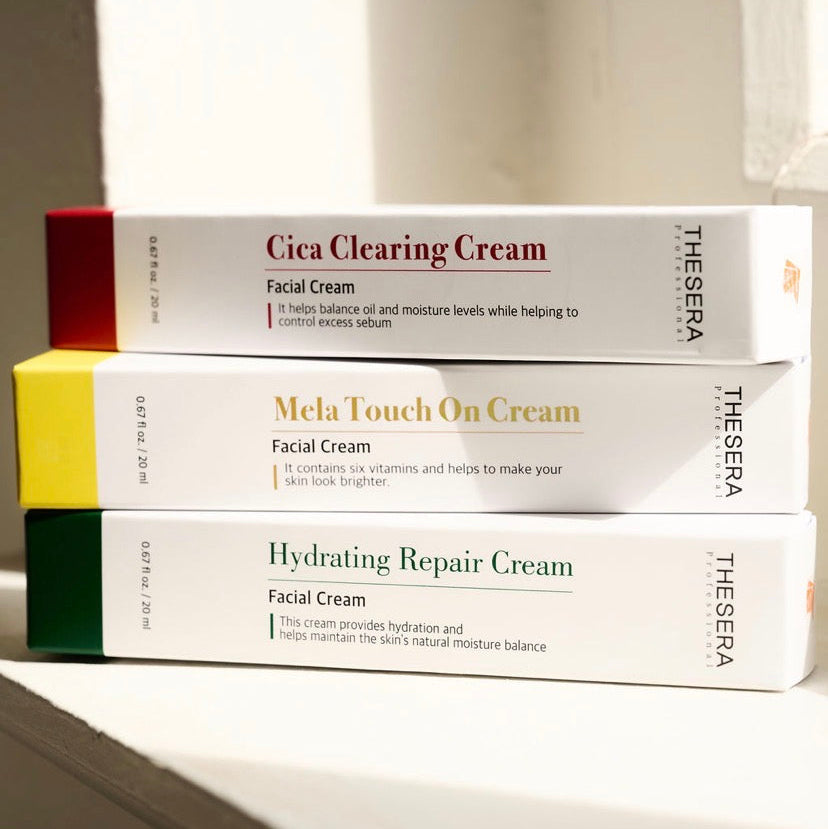 A lineup of Thesera professional skincare treatments including the Mela Touch On Cream for targeted brightening and photoaging protection.