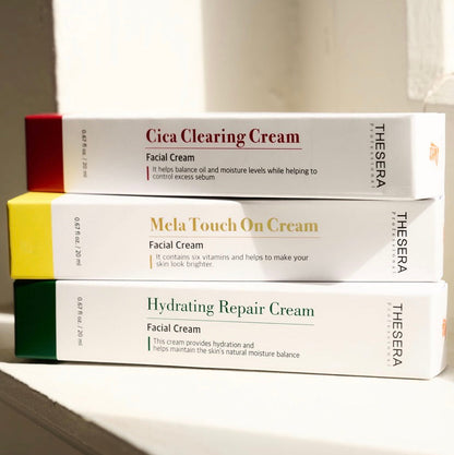A lineup of Thesera professional skincare treatments including the Mela Touch On Cream for targeted brightening and photoaging protection.