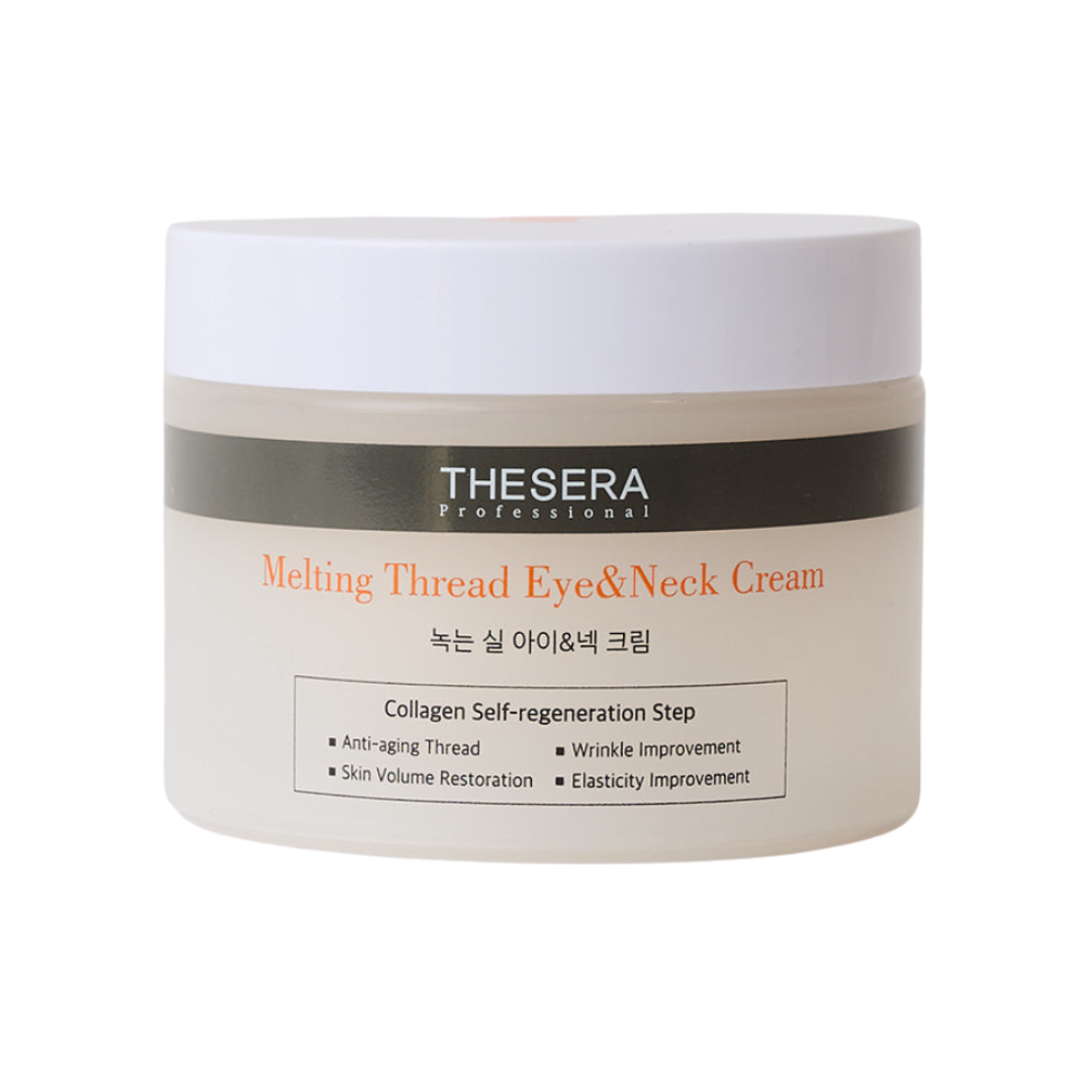 Thesera Melting Thread Eye and Neck Cream in a luxe 100ml white jar for firming and smoothing mature skin.