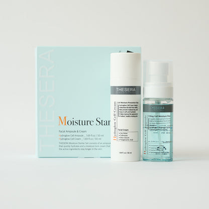 Thesera Moisture Starter Set featuring the Hydroglow Cell Ampoule, Hydroglow Cell Cream, and mint packaging box for Korean barrier repair.
