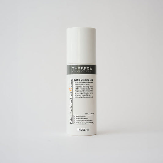 Thesera Perfect Double Pearl Pack Cleanser, a soothing Korean milk to foam face wash to melt makeup and deep-clean pores.