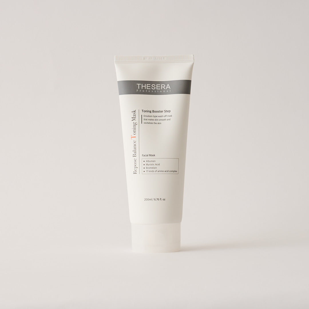 Thesera Repose Balance Toning Mask, an acid-free Korean enzyme exfoliating mask formulated with Bromelain and Papain for sensitive skin.