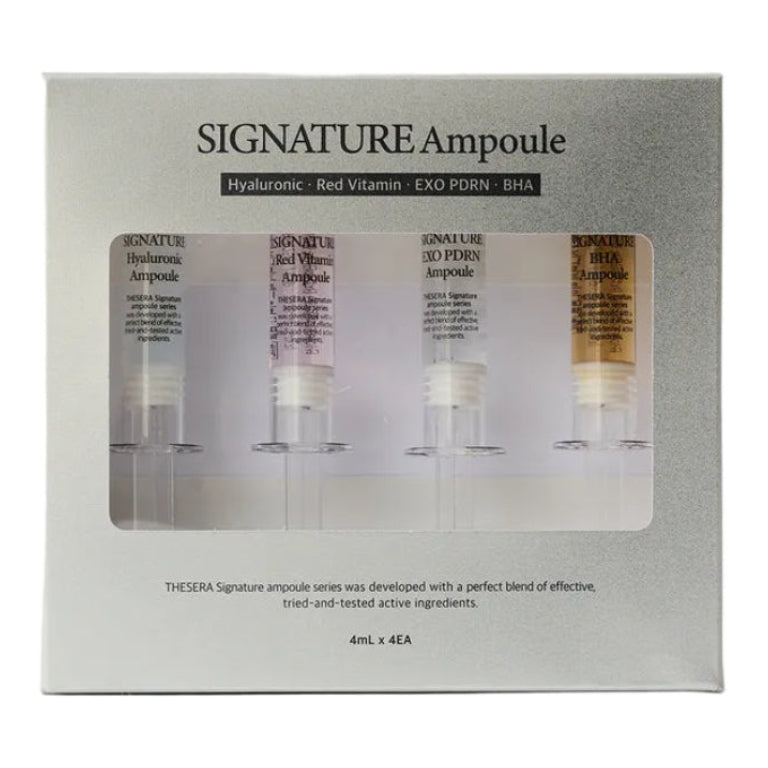 Thesera Signature Ampoule Set featuring four professional Korean exosome serums: EXO PDRN, Hyaluronic Acid, BHA, and Red Vitamin for a total skin reset.