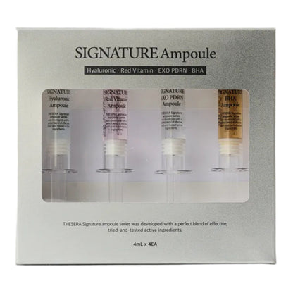 Thesera Signature Ampoule Set featuring four professional Korean exosome serums: EXO PDRN, Hyaluronic Acid, BHA, and Red Vitamin for a total skin reset.
