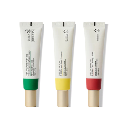 Thesera Skin Reset Trio 3-step professional Korean skincare kit featuring Hydrating Repair, Mela Touch On Brightening, and Cica Clearing creams.