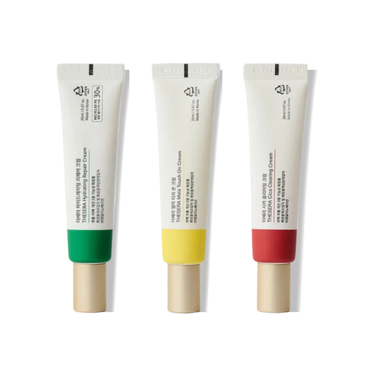 Thesera Skin Reset Trio 3-step professional Korean skincare kit featuring Hydrating Repair, Mela Touch On Brightening, and Cica Clearing creams.