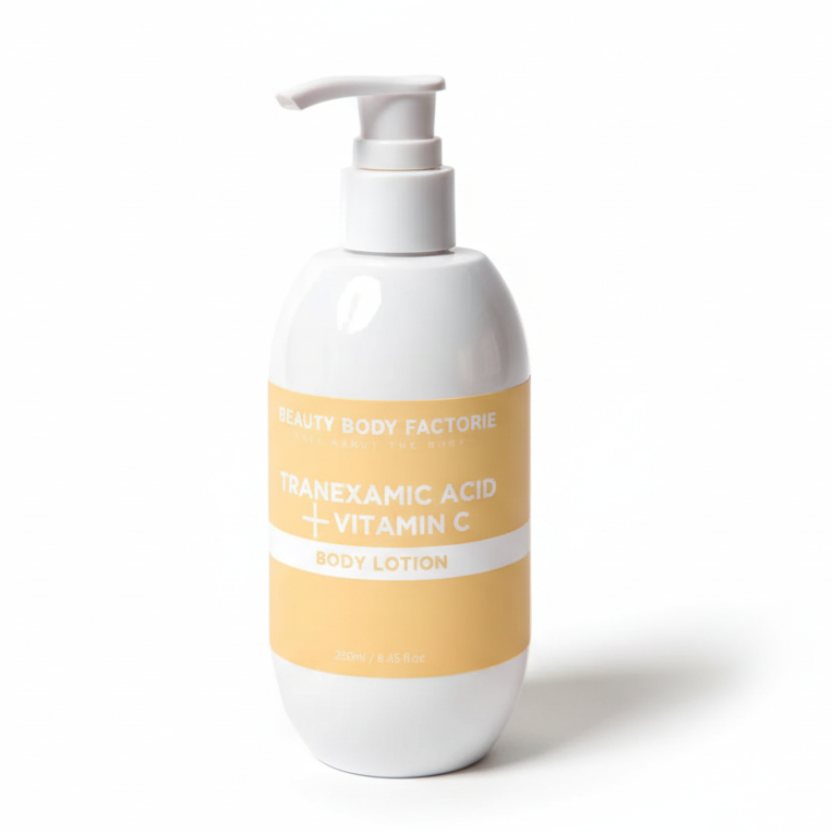 Beauty Body Factorie Tranexamic Acid + Vitamin C Body Lotion bottle for targeting hyperpigmentation and dark spots.