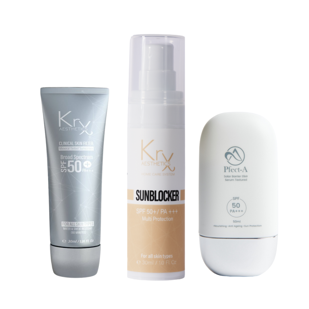 The Korean Sunscreen Bundle by Mystic Beauty & Skincare; a professional 3-step SPF system featuring Pfect-A Solar Elixir, KrX Skin Filter Tinted SPF, and KrX Sun Blocker for all-day UV defense.